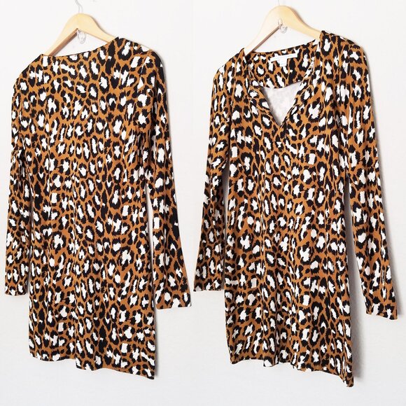 DVF Diane von Furstenberg Reina Long Sleeve Silk Blend Tunic Dress 2 Leopard